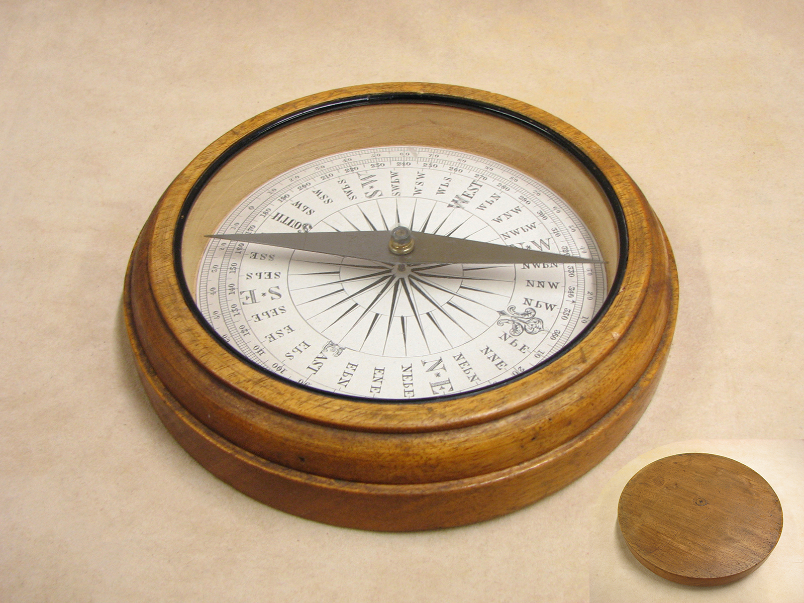 Late 19th century Francis Barker oak cased desktop compass with Trademark London logo